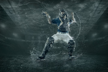 Baseball players in action under water