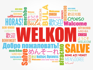 Welkom (Welcome in Afrikaans) word cloud in different languages, conceptual background