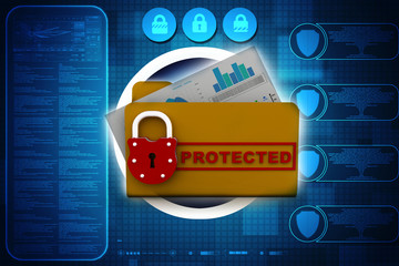 Poster - Yellow folder and lock. Data security concept. 3D rendering
