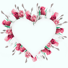 Wall Mural - Spring tulips in a heart shape. Floral background of flowers and butterflies.