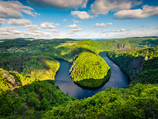 Poster - Sunny view of Vltava river horseshoe shape meander from Maj viewpoint.