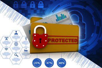 Poster - Yellow folder and lock. Data security concept. 3D rendering
