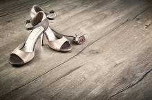 Argentine Tango Shoes With A Rose On Wooden Floor, Space