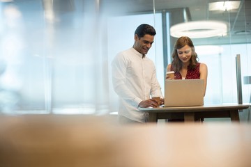 Wall Mural - Business people having coffee while using laptop in office