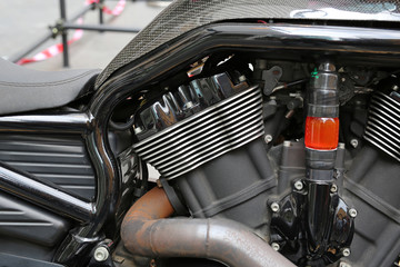 Motorcycle engine, detail of an engine in a high-powered motorcycle, vehicle transport.