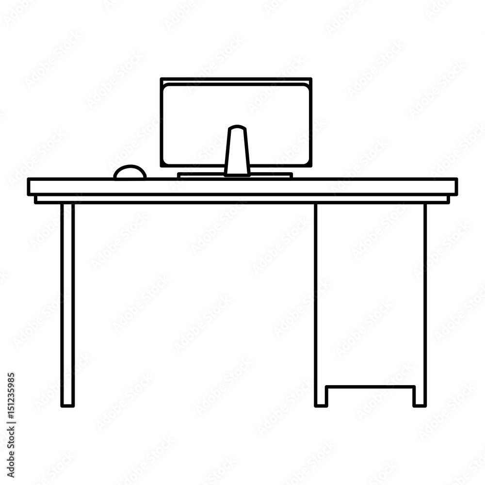 office desk computer workspace furniture outline vector illustration ...