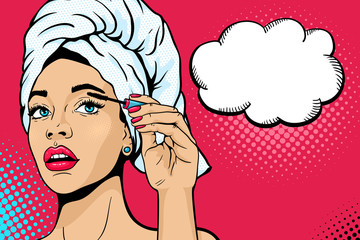 Pop art makeup. Closeup of sexy girl in bath towel on her head paints her eyes with mascara in her hand. Vector coloful background in comic retro pop art style. Cosmetics appliying on female face.