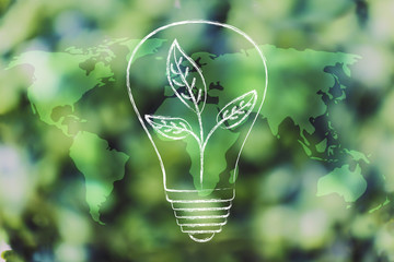 lightbulb with leaves inside over world map overlay on green forest bokeh