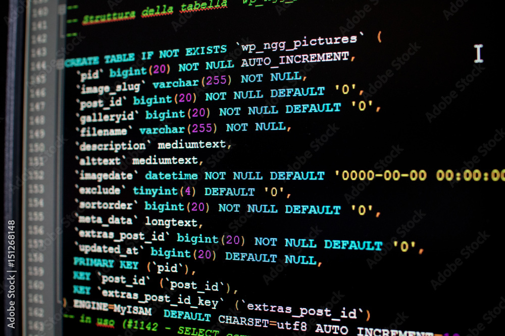 Database table script for creating tables. MySQL script Stock Photo ...