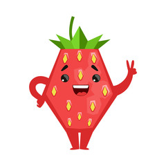 Wall Mural - Smiling funny strawberry showing victory sign. Cute cartoon emoji character vector Illustration