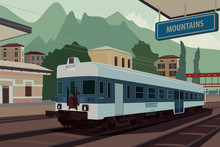Scenic Area With Old Retro Train At Railway Station Of European Village. In The Background The Natural Mountain Landscape View. Realistic Flat Style