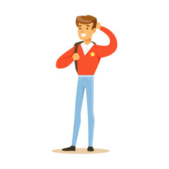 Sticker - Young smiling man in a red shirt standing with backpack. Student lifestyle colorful character vector Illustration