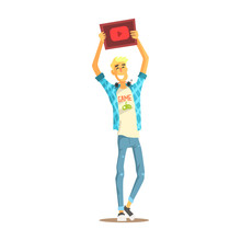 Cheerful Young Bloger Man Standing With A Tablet In His Raised Hands, Colorful Character Vector Illustration