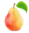 Ripe pear with green leaf isolated