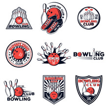 Vector Set Of Bowling Club Logos For Your Design, Print And Web On A White Background