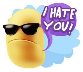 Fototapete - 3d Rendering Angry Character Emoji saying I Hate you with Colorful Speech Bubble.