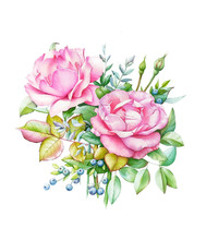 Watercolor Illustration Of Bouquet With Two Pink Roses And Buds, Green Leaves And Blue Berries
