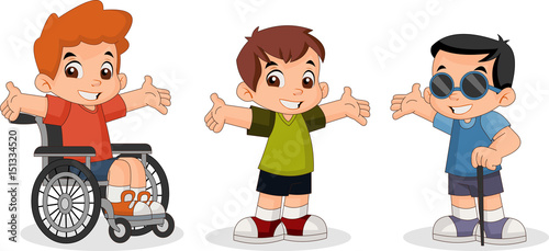 Cute happy cartoon boys. Blind boy. Boy on wheelchair.