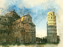 Leaning Tower Of Pisa And The Church, Watercolor Painting.