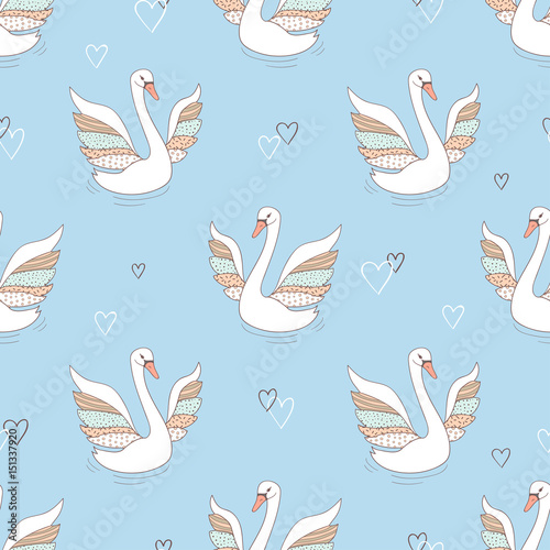 Cotton fabric Seamless pattern with swans. Vector background.