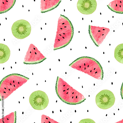 Stoffe zum Nähen Nahtlose Muster mit Kiwi Frucht und Wassermelone. Sommer Hintergrund.
