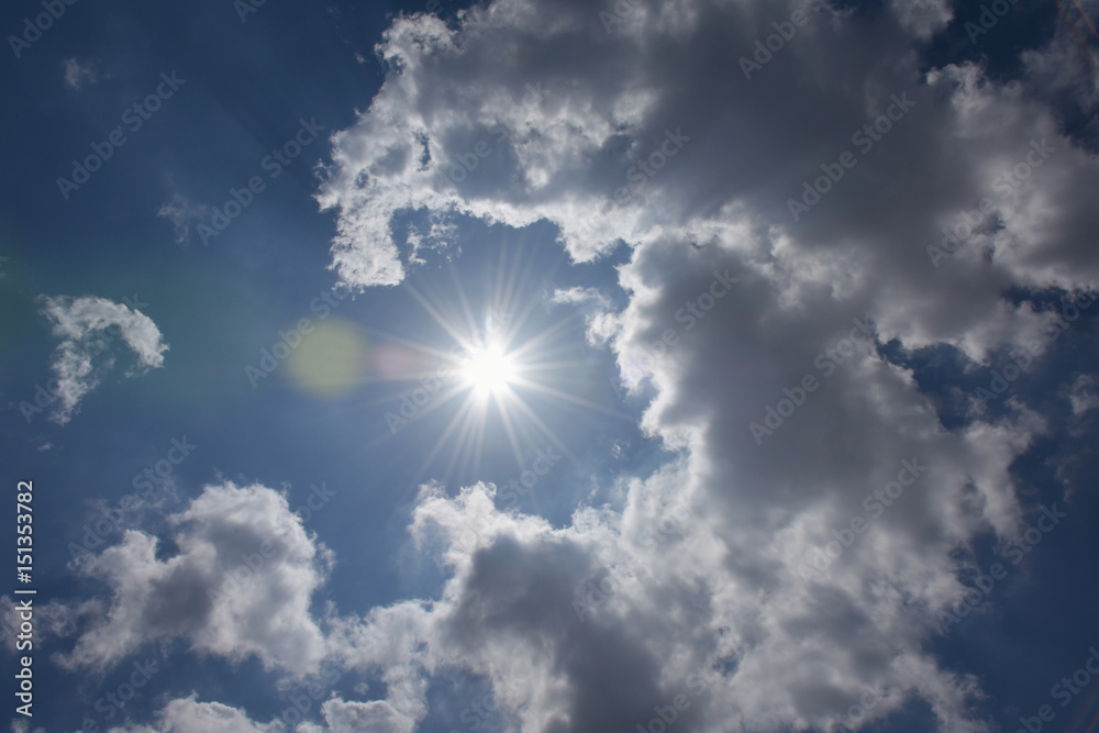 強い太陽と青空と雲「空想・太陽を取り囲むモンスターたち」未来、成功 