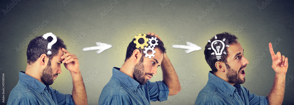 thoughtful, finding solution young man with question gear mechanism, light bulb signs.
