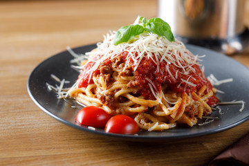 Delicious pasta with tomato and meat