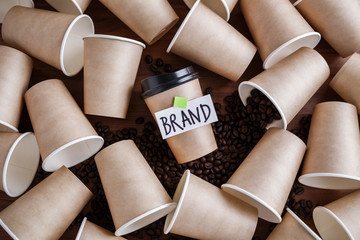 Wall Mural - coffee identity and brand building concept with lots of paper coffee cups background