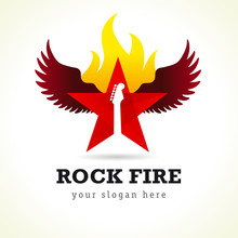 Rock Star Vector Logo. Red Stained Glass Flying Flaming Star, Guitar Neck, Wings, Brand Idea. Musics Vector Sign. Art Events And Tours Symbol. Rock N Roll Flies Icon Template With Flames.