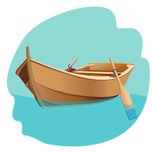 Wooden Boat With Oars Vector Illustration Isolated On White.