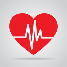 Red Heart Icon With Sign Heartbeat. Vector Illustration. Heart In Flat Outline Style.