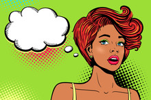 Wow Pop Art Female Face. Sexy Surprised Young African Woman With Open Mouth, Bright Makeup, Ginger Hair And Empty Speech Bubble. Vector Colorful Background In Retro Comic Style. Invitation Poster.