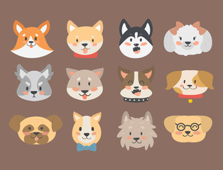  Funny cartoon dog character heads bread cartoon puppy friendly adorable canine vector illustration.