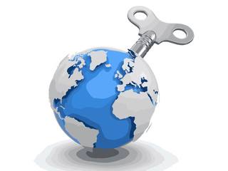 Poster - 3d Globe  with winding key. Image with clipping path 