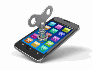 Poster - Touchscreen smartphone with winding key. Image with clipping path.