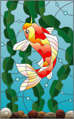 Illustration in stained glass style with a  fish carp  on the background of water and algae