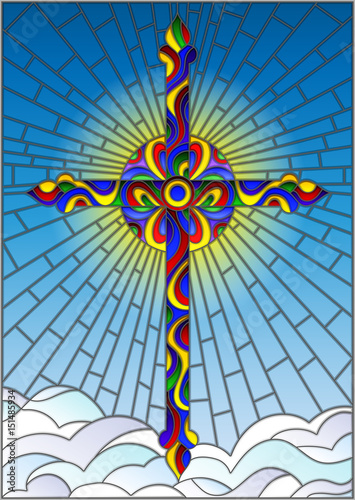 ilustracja-w-witrazu-stylu-z-jaskrawym-krzyzem-na-tle-niebieskie-niebo