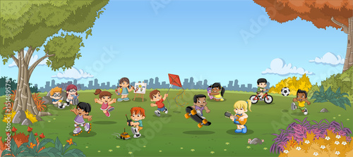 Green grass landscape with cute cartoon kids playing. Sports and recreation.
