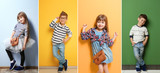 Cute stylish boy near color wall