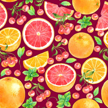 Seamless Watercolor Pattern With Orange, Grapefruit, Cherry And Mint On Red Background