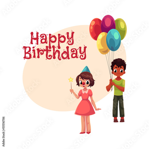 Happy Birthday Vector Greeting Card Poster Banner Design With Black Boy With Bunch Of Balloons And Share the best gifs now >>>. happy birthday vector greeting card