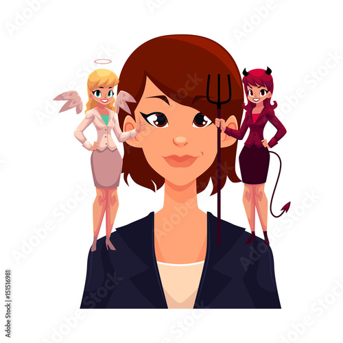 Business Woman With Angel And Devil On Shoulders Decision Making Concept Cartoon Vector Illustration Isolated On White Background Woman Trying To Make Decision Choice Listening To Angel And Demon Buy This