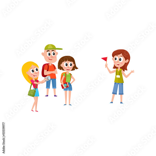Tour Guide With Group Of Tourists Cartoon Vector Illustration Isolated On White Background Group Of Tourists Listening To Young Pretty Girl Guide Telling Something Interesting Sightseeing Buy This Stock Vector And