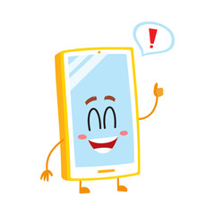 funny cartoon mobile phone, smartphone character with wide smile showing thumb up, vector illustrati