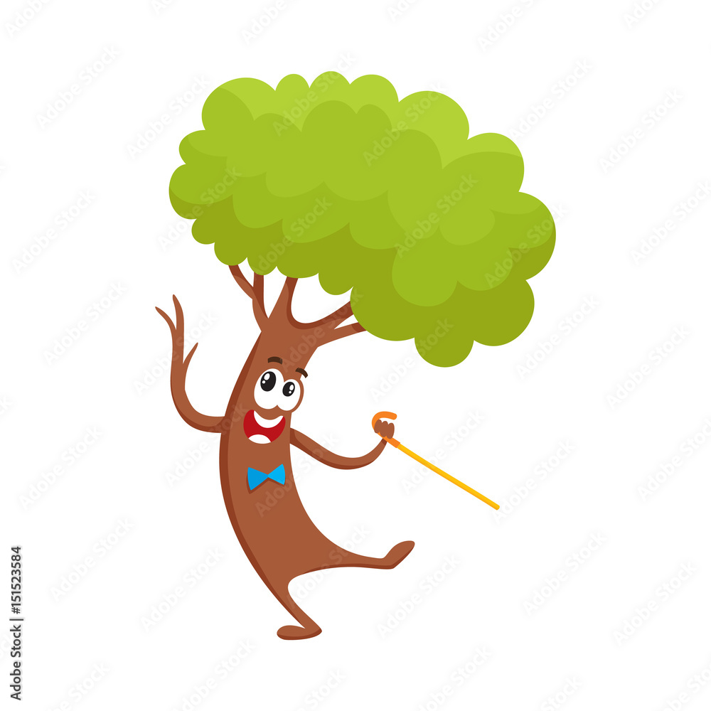 Funny comic tree character dancing step with walking cane, cartoon ...