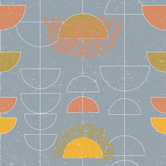 Poster - Seamless abstract geometric vector pattern with semi circles in soft retro style colors on gray worn out texture background.
