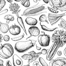 Vegetable Seamless Pattern. Hand Drawn Vintage Vector Background. Vegetarian Set Of Farm Market Products.