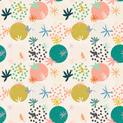 Poster - Abstract seamless pattern with circles, dots and stylized flowers and leaves in pastel colors.Soft pastel colors on beige background with worn out texture.