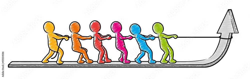 Wachstum in Teamwork: Farbige Strichmännchen ziehen zusammen einen Pfeil hoch / Vektor, freigestellt - obrazy, fototapety, plakaty 